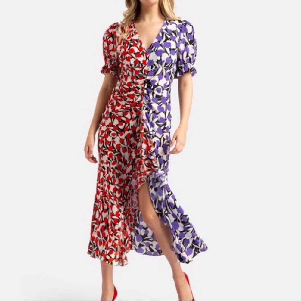 Rico XXS purple red floral silk dress with waterfall draping in front.